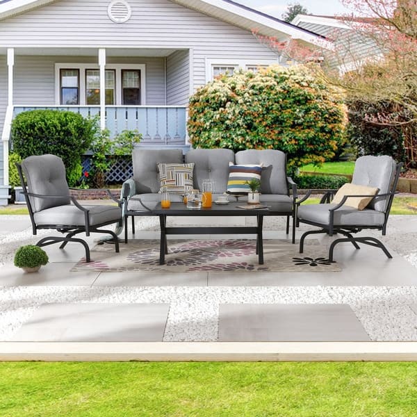 slide 2 of 23, Patio Festival 4-Piece Outdoor Metal Sofa and Chair Set with Coffee Table