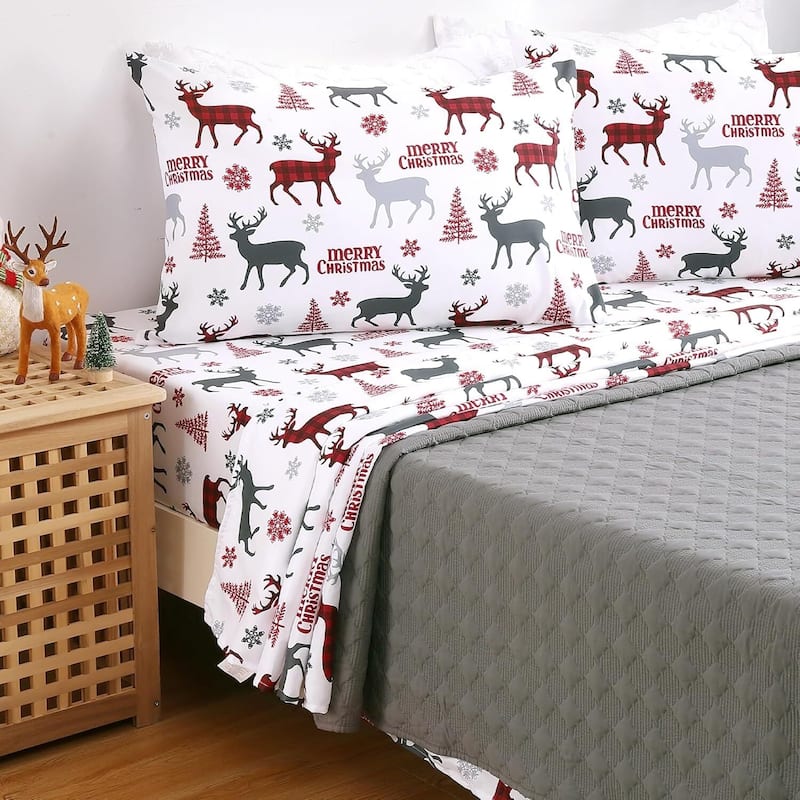 Christmas Red Boho Bed Sheets Set with 16 Inches Deep Pocket