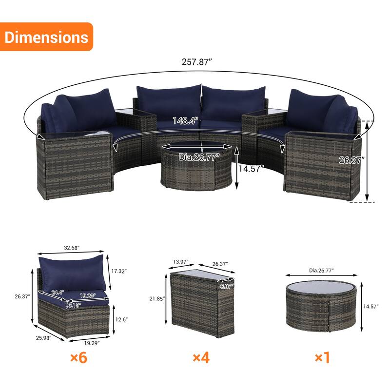 11-Piece Outdoor Half-Round Modular Sectional Sofa Set with Tempered Glass Coffee Table and 4 Side Table