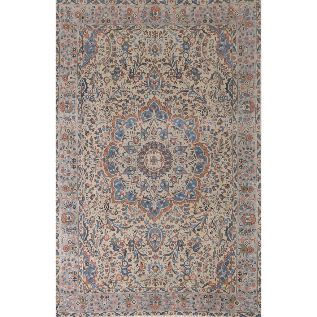 Floral Beige Tabriz Persian Vintage Area Rug Handmade Wool Carpet - 6'7"x 9'8"