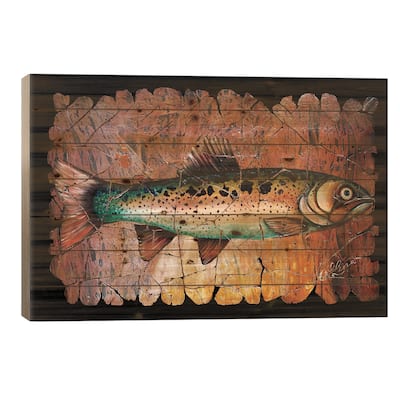 Red Trout Fresco Black Background Print On Wood by OLena Art - Multi-Color