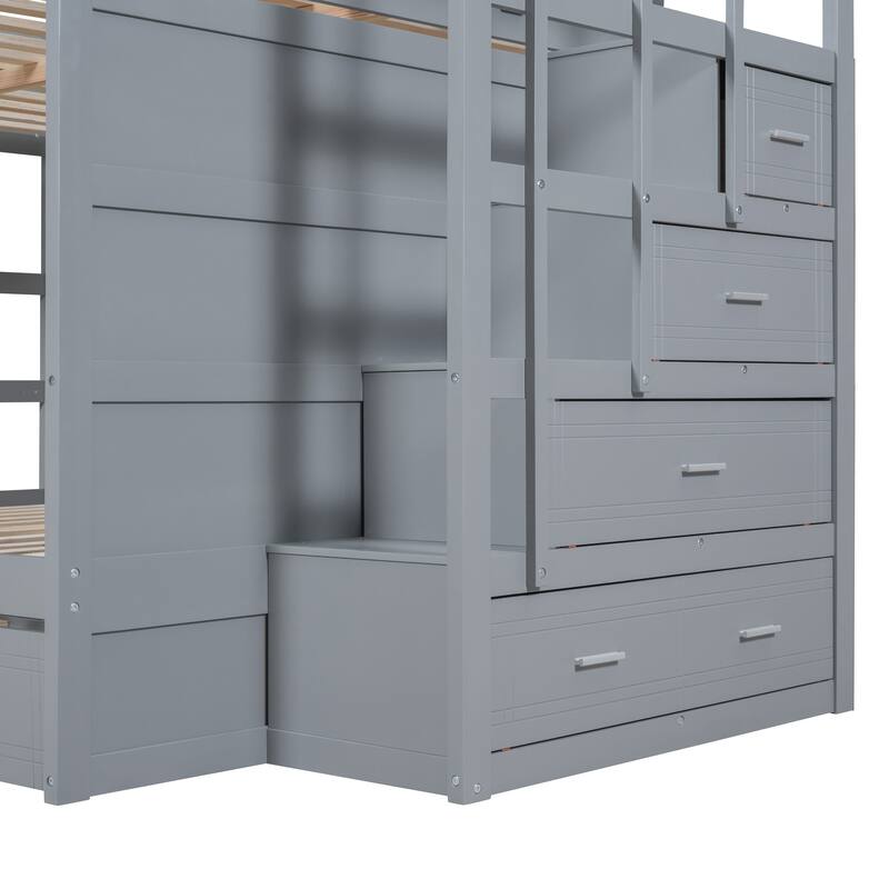 Twin/Full Bunk Bed with Trundle and Storage Staircase, Space-Saving Pine Wood Design