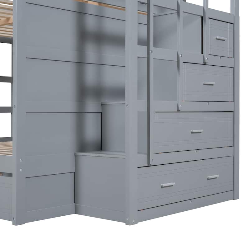 Twin/Full Size Bunk Bed with Trundle Bed and Storage Staircase, Solid Pinewood Bunk Bed Frame with Safety Guardrail
