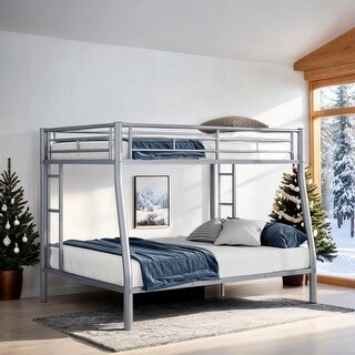 Full XL over Queen Metal Bunk Bed with Ladder and Guardrails, Silver
