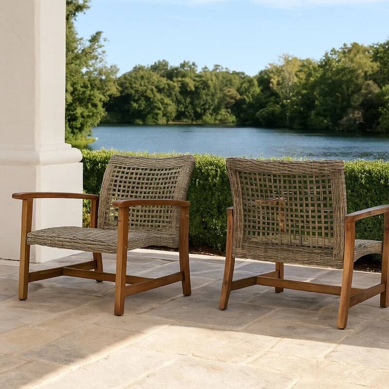 Bops Outdoor Accent Club Chair Set of 2, Brown Acacia Wood Gray Wicker