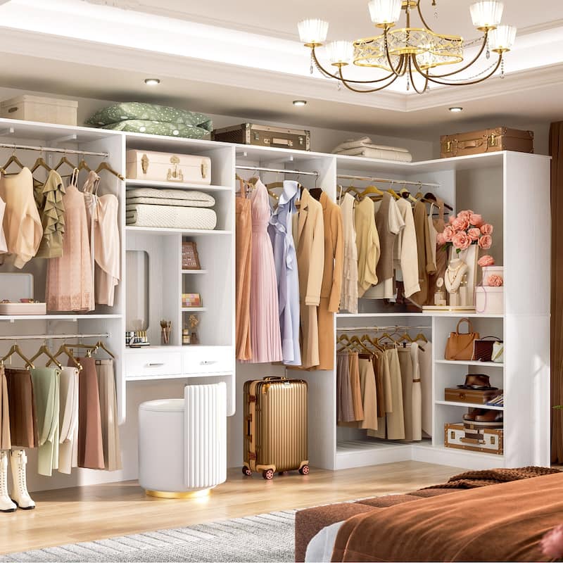Cimly 131'' - 156'' Closet System with Makeup Vanity, All-in-one Corner Closet Organizer with Shoe Rack and Tower Shelves