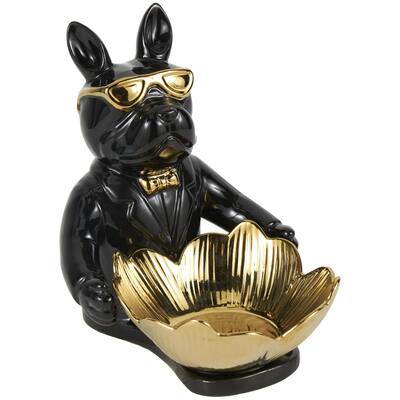 Ceramic Bulldog Decorative Sculpture with Gold Accents - Black or White - Roche River Decor