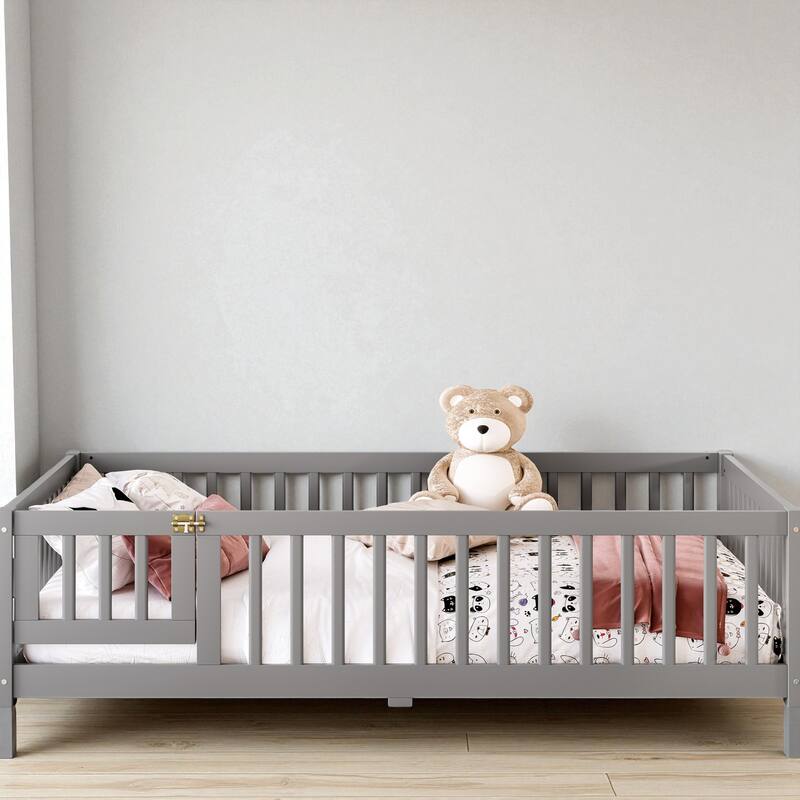 Twin/Full/Queen Size Wood Floor Bed with Door and Guardrails for Kids, Montessori Bed with Removable Slats