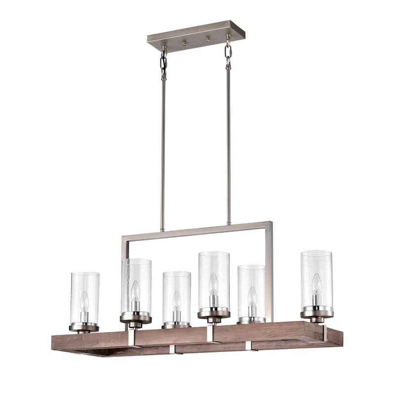 Wood and Metal 6-light Linear Chandelier with Seeded Glass Shades Nickel / Driftwood