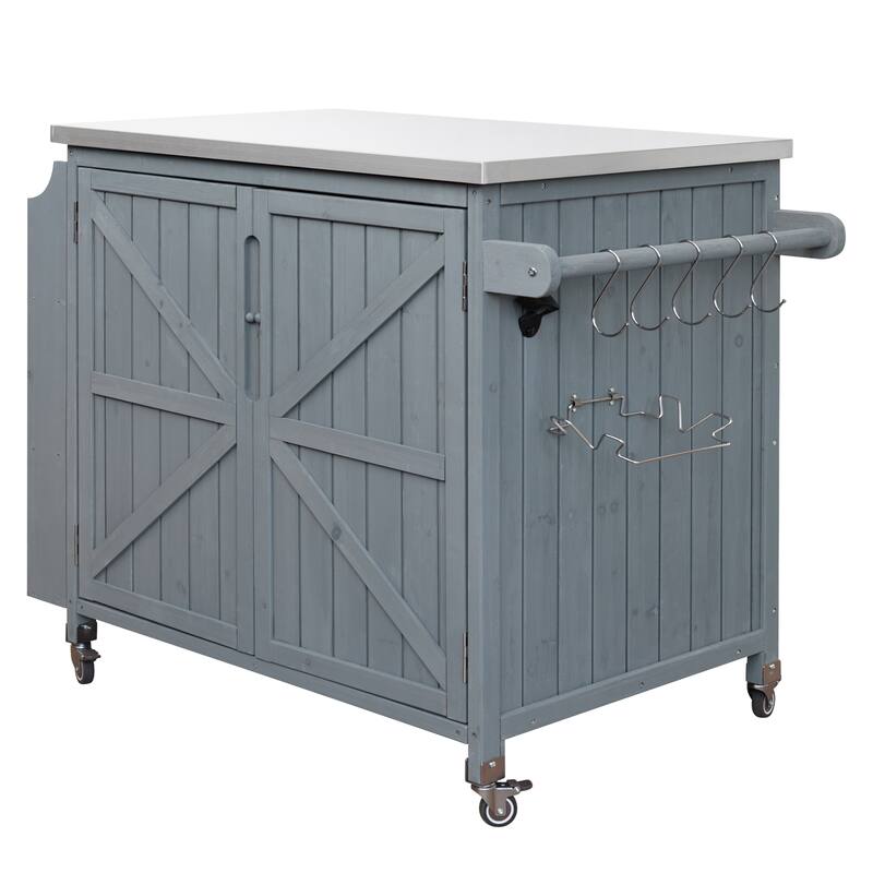 42 Inch Outdoor Kitchen Island Fir Wood Cabinet Stainless Steel Top with Shelf