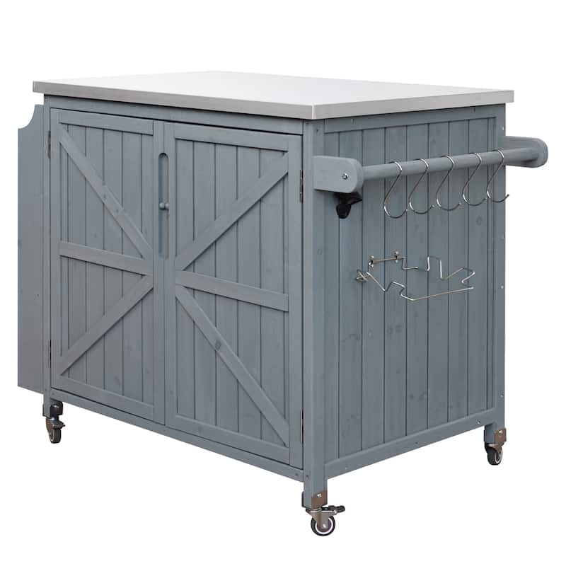 42.1" Outdoor Kitchen Island with Side Shelf, with Storage Cabinet, Outdoor Kitchen Cabinet, Adjustable Shelf and 4 Wheels