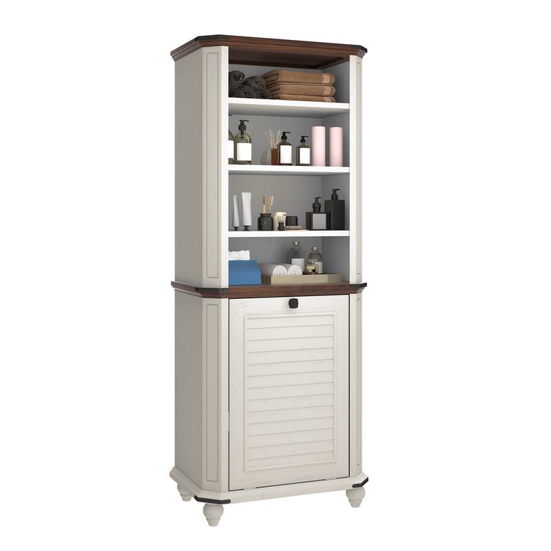 Moasis Farmhouse 4-Tier Storage Cabinet with Tilt Out Laundry Hamper and 2 Adjustable Shelves