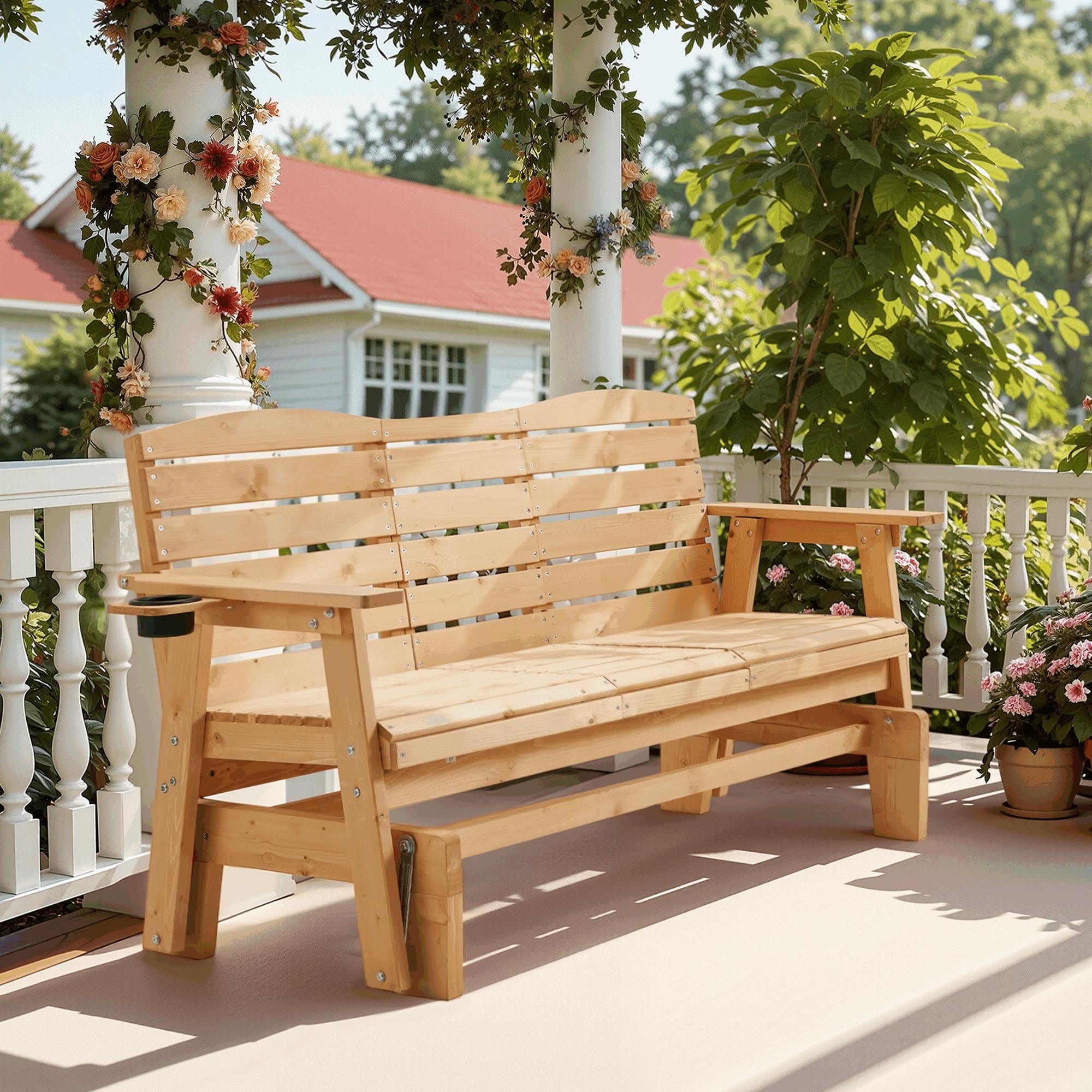 3-Size Outdoor Wood Glider Chair, High Back Rocking Chair with Cup Holder, Waterproof Patio Lounge for Garden Yard