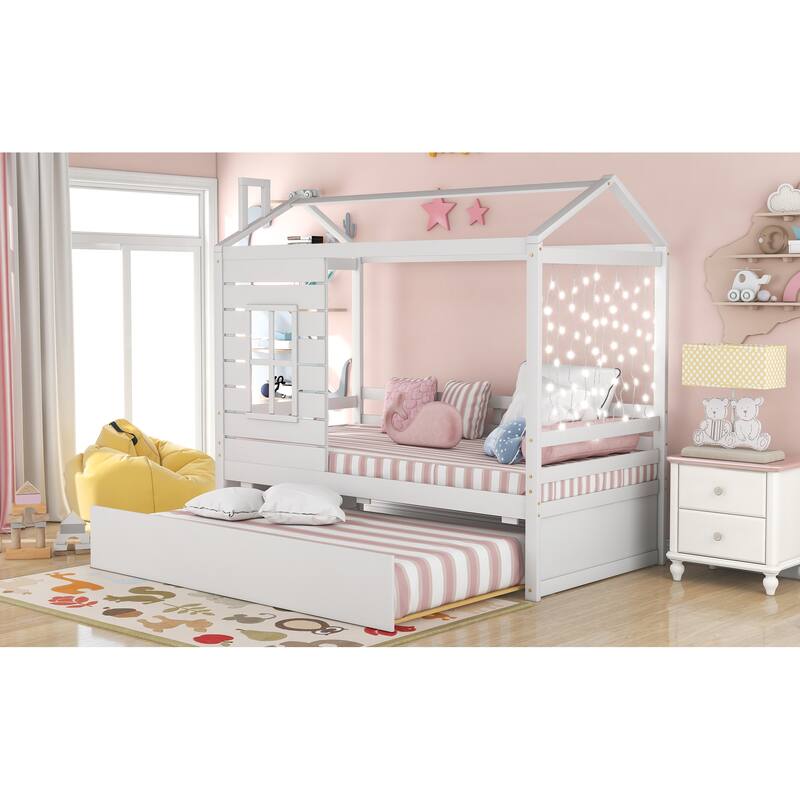 Pine Wood Twin House Bed with Pull-Out Trundle, Kid-Friendly Design and Guardrails