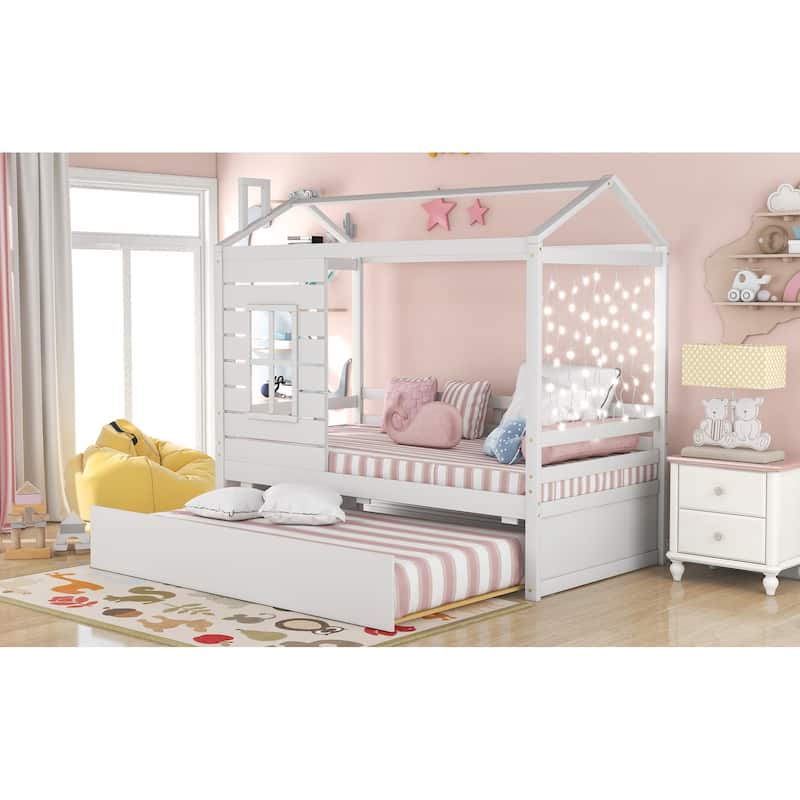 Twin Size Wood House Bed with Trundle, White - Space-Saving Kids Bedroom Furniture
