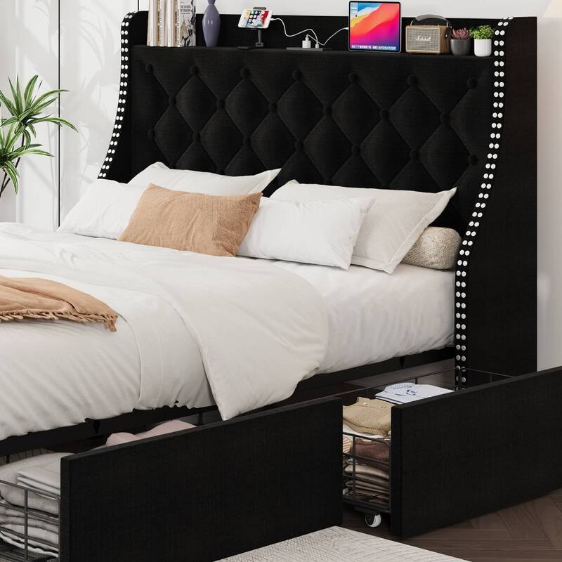 Bed Frame with 4 Storage Drawers and Headboard