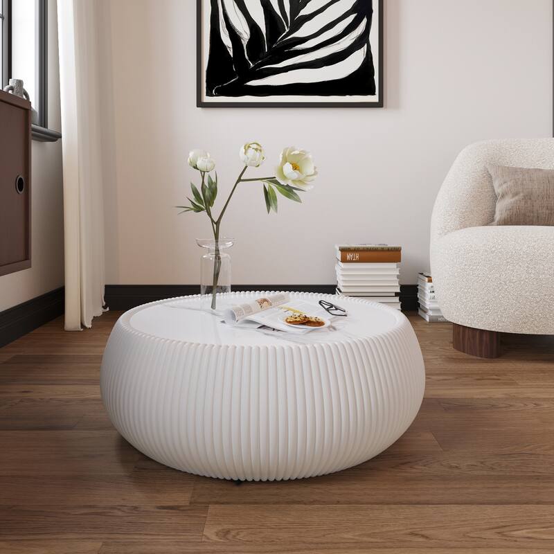 27.55" Round Coffee Table, Faux Marble Top Drum Shape Low Coffee Table, Modern Center Table with Leather Frame for Living Room