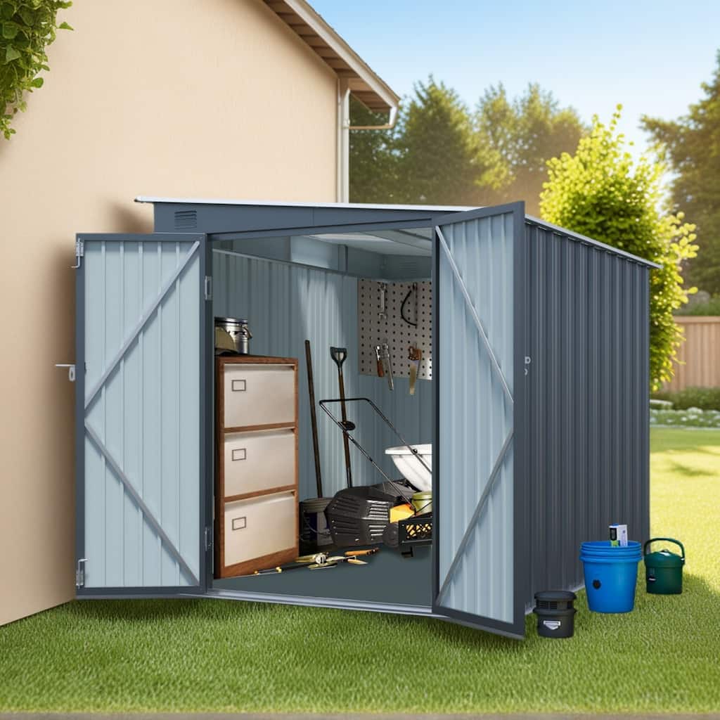 6x8FT Galvanized Steel Lean to Shed，Outdoor Storage Shed with Lockable Double Doors