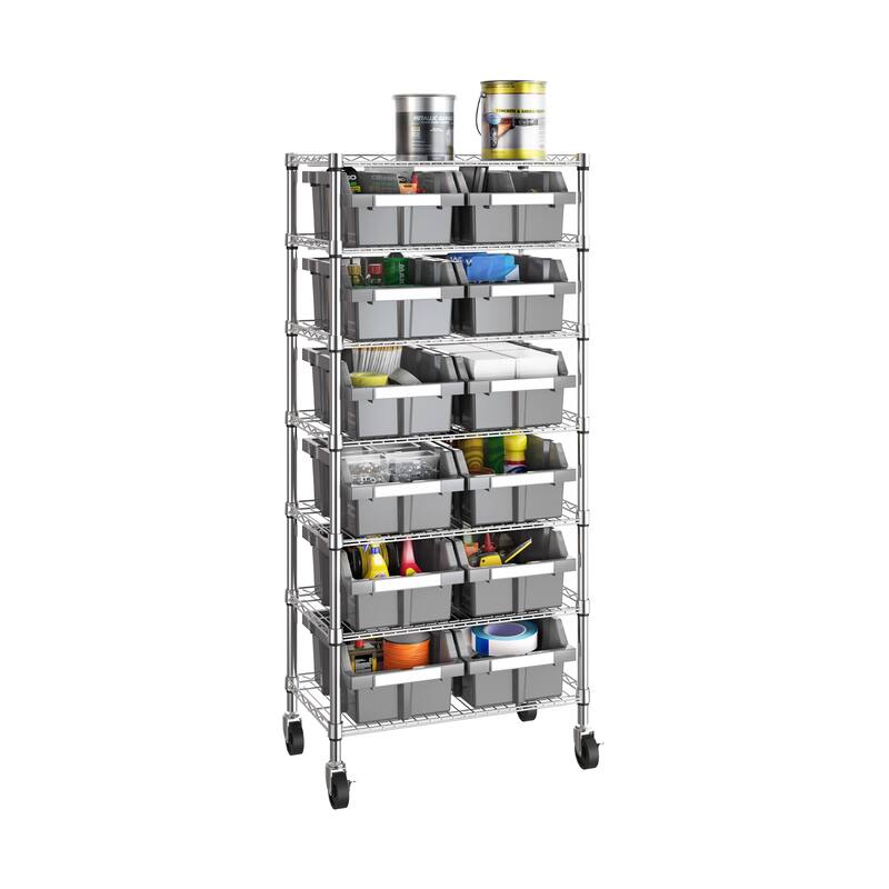 Seville Classics Commercial 7-Tier NSF 12 Bin Steel Rack Shelving Storage System, 24" W x 14.25" D x 56" H