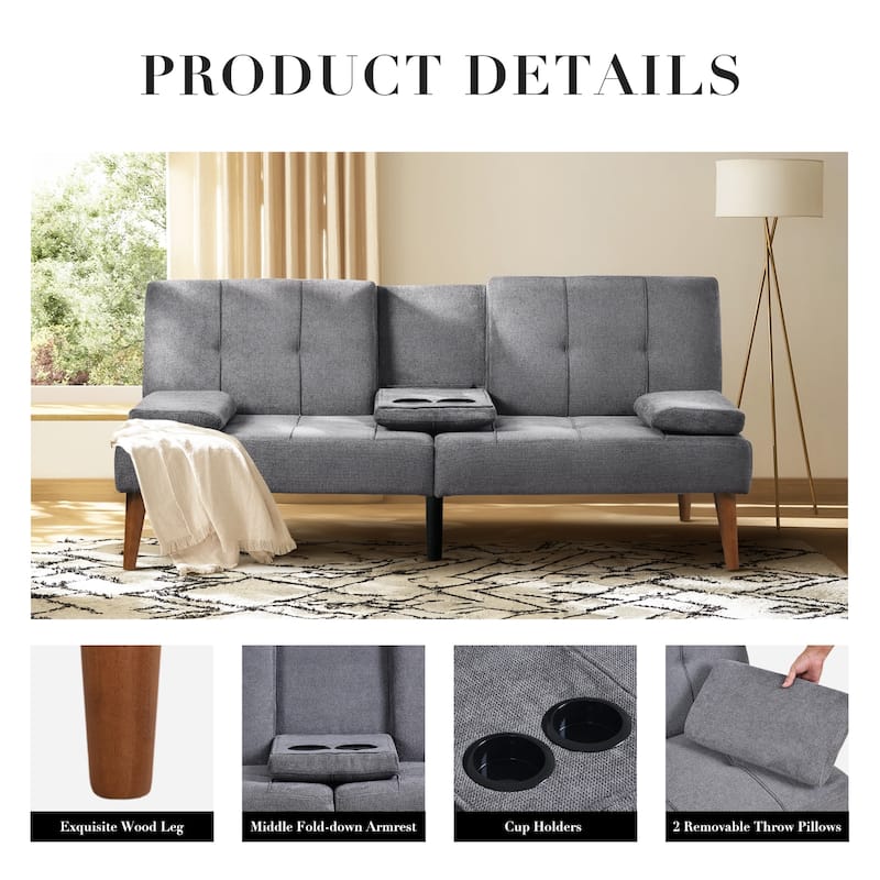 ​65" Futon Sofa Bed - Adjustable, Dual Cup Holders, Space-Saving for Small Rooms​