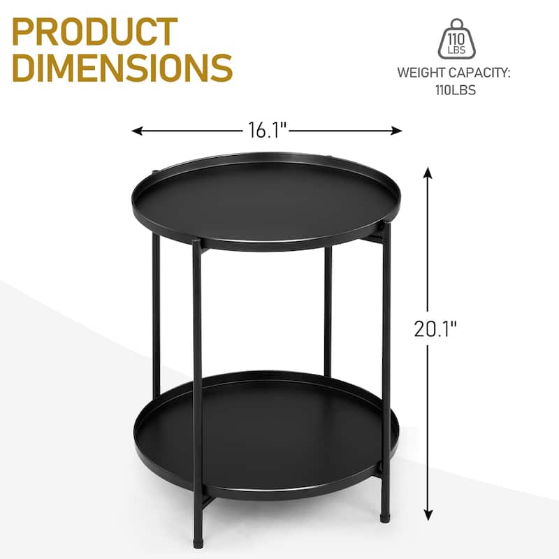 Black Metal 2-Tier Round End Coffee Table with Removable Trays and Adjustable Feet for Home or Patio - 17.3” x 17.3” x 20.5”