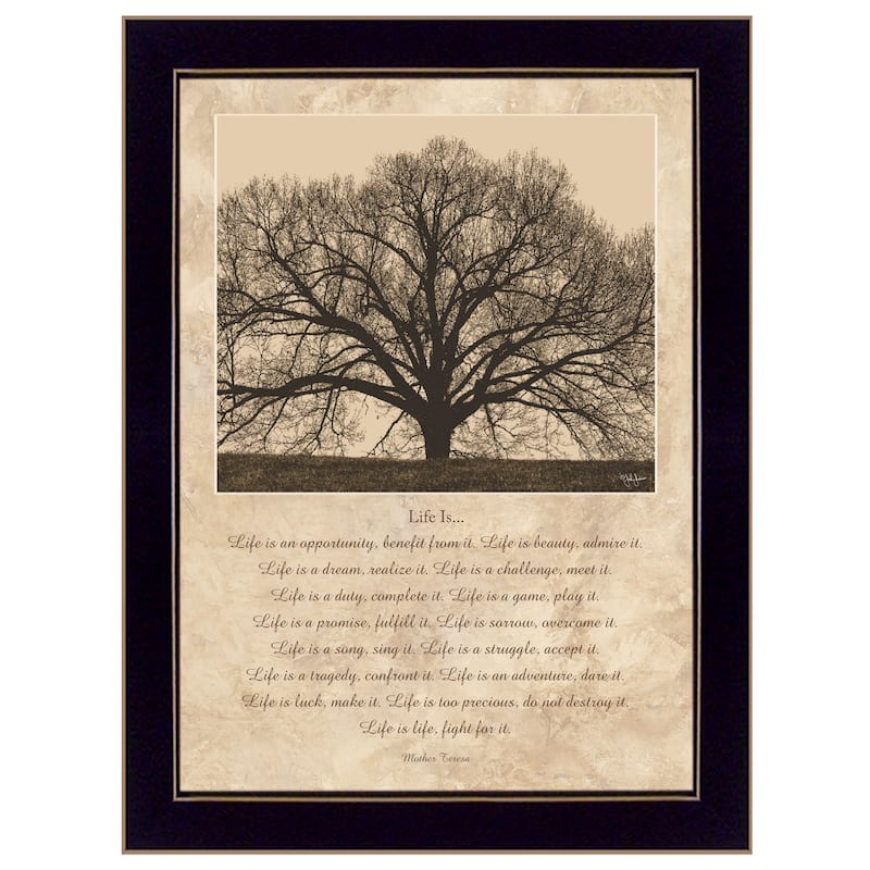 TrendyDecor4U Mid-Century Modern "Life Is" Framed Print Wall Art by John Jones - Brown, Tan, Black, Earth Tones - Black