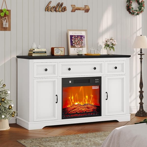 fireplace dresser VINGLI TV Stand with Fabric Drawer, Entertainment Center with LED Lights and Industrial TV Console Table with Open Storage Shelves Drawer LED Bedroom Flame Box Dresser in a stunning ivory and camel velvet finish Fireplace TV Stand 55 Inch