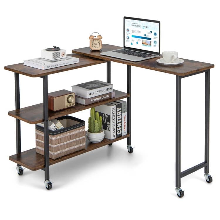 MDF Metal 360 Rotating Sofa Side Table with Shelves and Lockable Casters - 35.5" x 12" x 27" - Rustic Brown