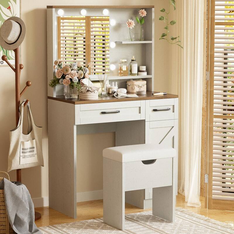 Vanity Set with Stool, Dressing Table with Adjustable Shelves,3 Lighting Modes，2 Drawers and Side Cabinet , White