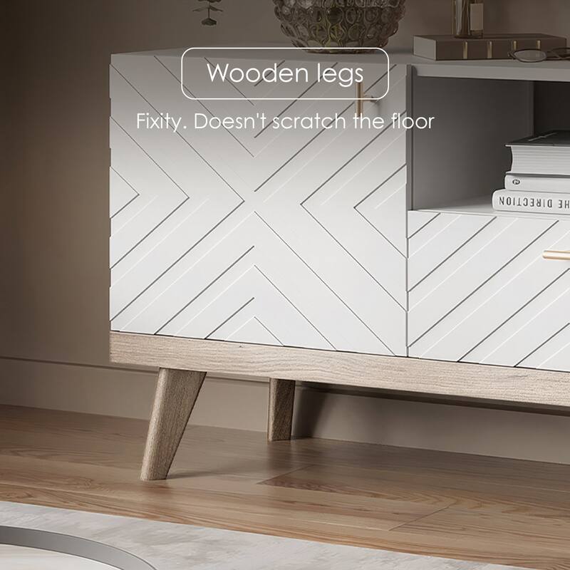 Living Skog Alba Beige TV Stand Console with Drawer Fits TV's up to 65 in. with Wood Legs Mid Century Modern Design