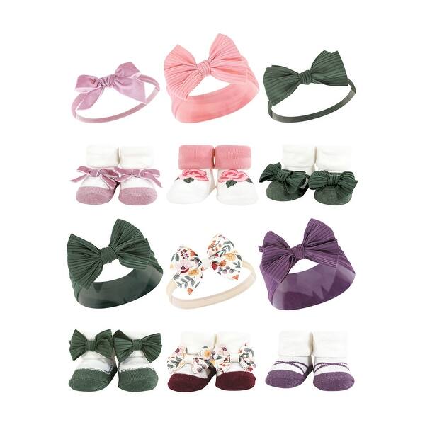 slide 1 of 1, Hudson Baby Infant Girl 12Pc Headband and Socks Giftset, Purple Green Fall Botanical, One Size - Purple Green Fall Botanical Purple Green Fall Botanical - One Size