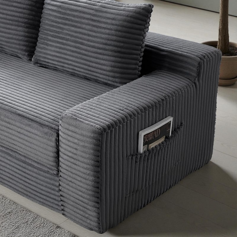 Memory Foam Cloud Loveseat, 2-in-1 Convertible Corduroy Folding Couch Bed, No-Assembly Floor Sofa with Storage Pockets