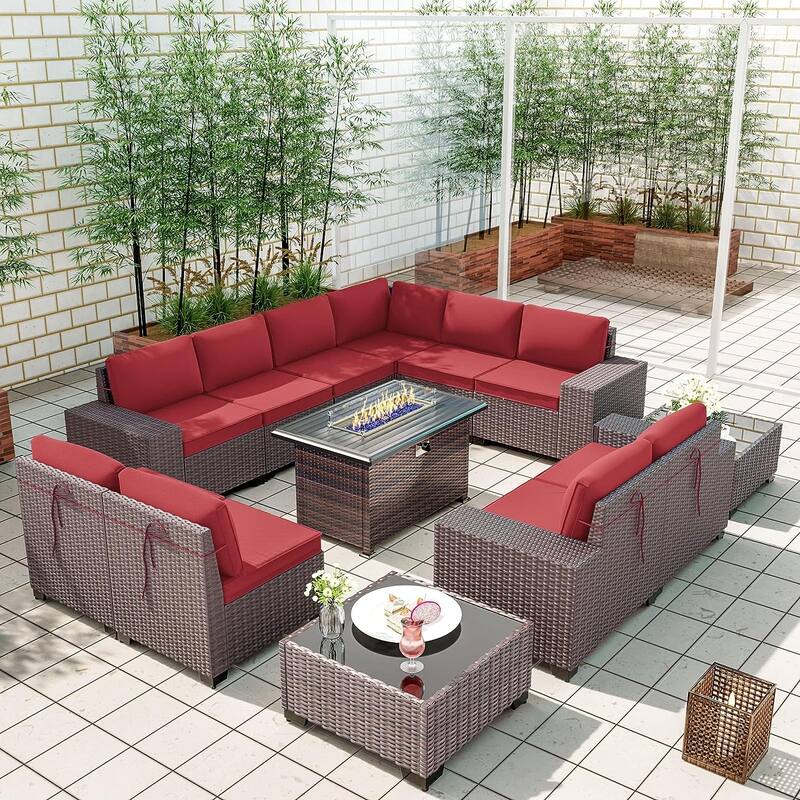 Delnavik 13 Pieces Outdoor Patio Furniture Set with Fire Pit Table w/ Wide Armrests