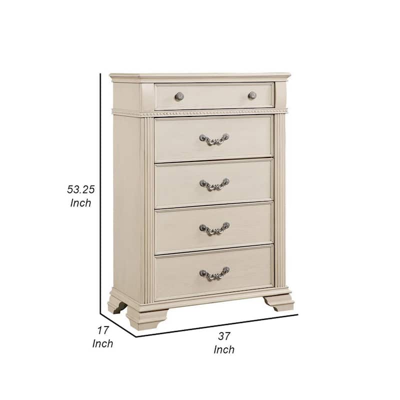 Akia 53 Inch 5 Drawer Tall Dresser Chest, Round Metal Knobs, Crisp White