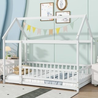 Twin Size Wooden Floor Bed with Roof Frame and Safety Guardrails, White