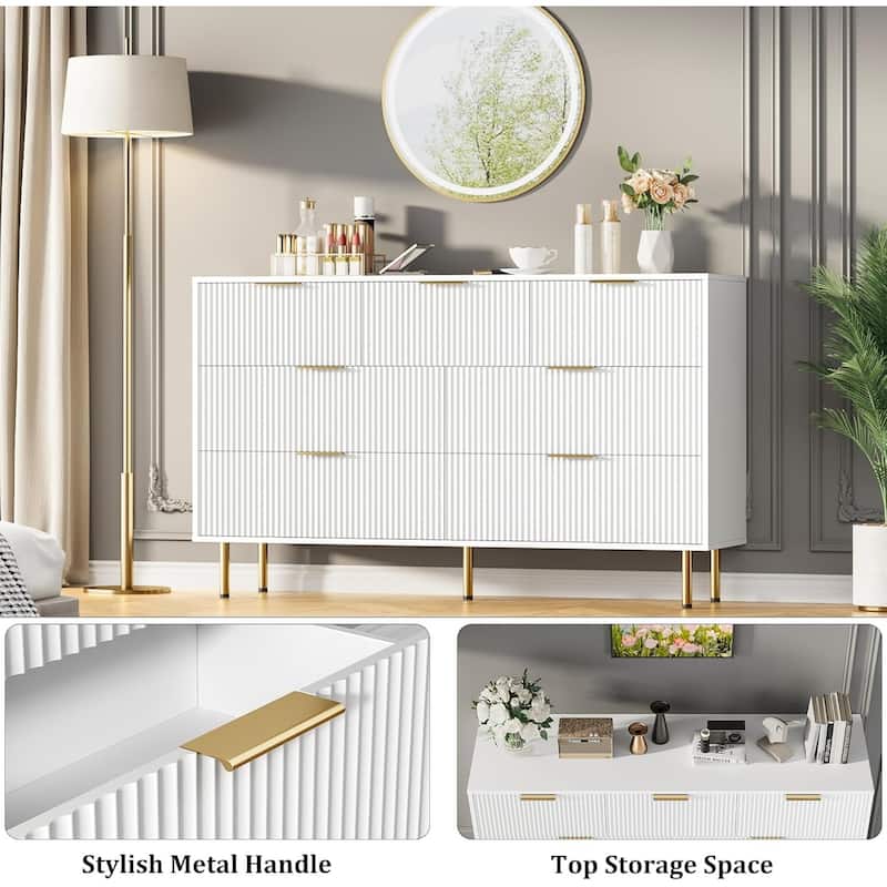 7 Drawer Dresser for Bedroom, Fluted Chest with Gold Handle, Wood Organizer for Closet, Living Room, Hallway
