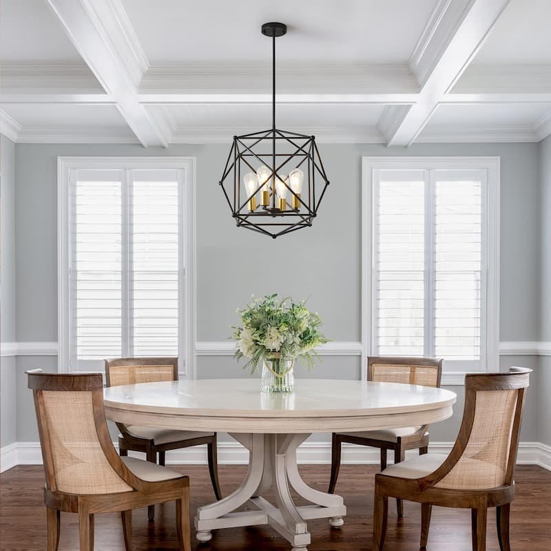 4-Light Geometric Black Metal Cage Chandelier with Gold - Accent Bulb Bases - Matte Black