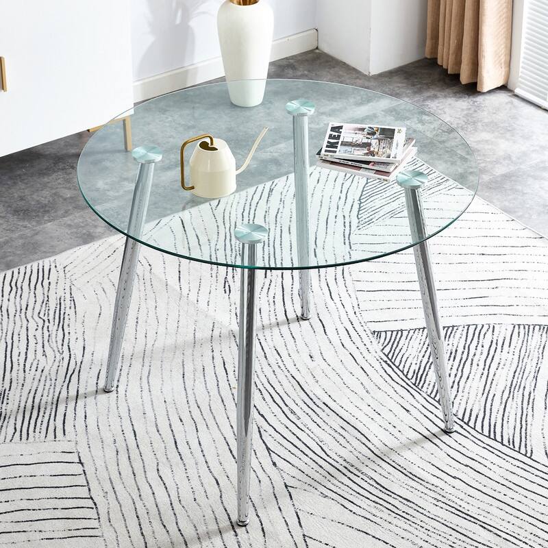 40" Round Glass Tabletop Dining Table with Metal Legs