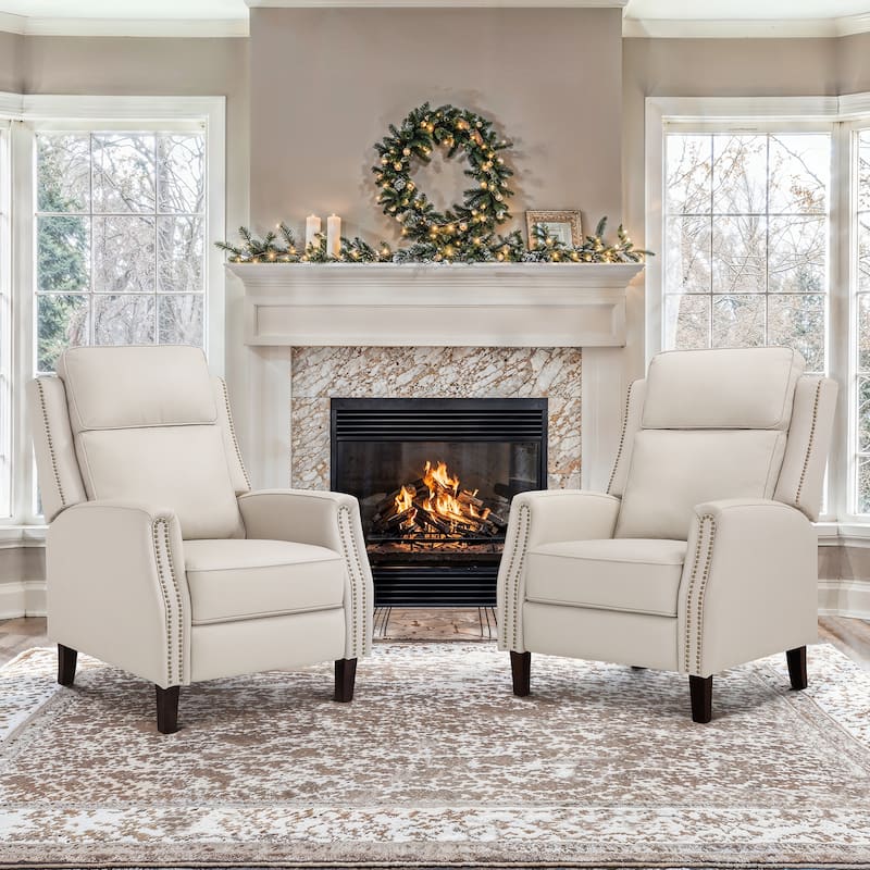 2 Set Genuine Leather Recliner Modern Push Back Recliner Chair Wingback 3 Adjustable Chair for Living Room - Beige