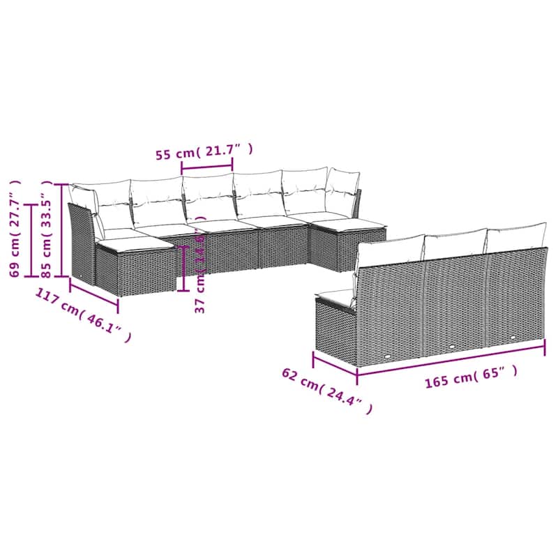vidaXL Garden Sofa Set Gray PE rattan, powder-coated steel, 100% polyester - 21.7 x 21.7 x 14.6