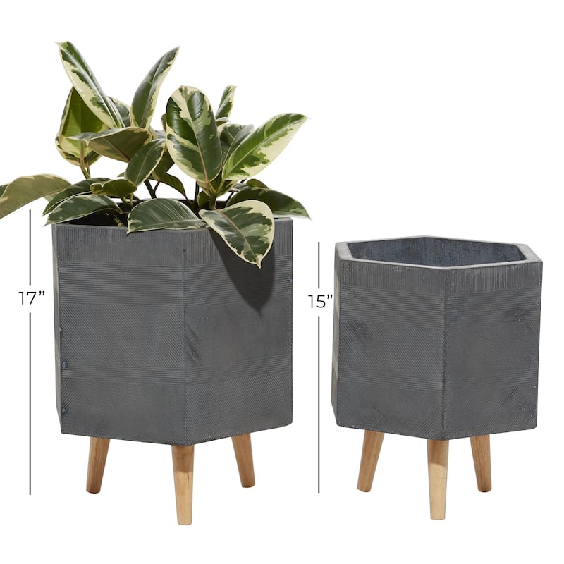 Magnesium Oxide Indoor Outdoor Planter with Wood Legs - Set of 2 White, Dark Gray - Roche River Decor