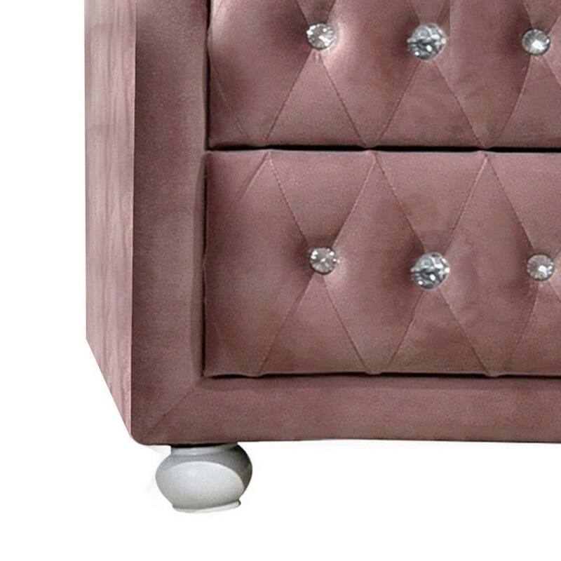 17 Inch Modern Upholstered Nightstand, 2 Drawer, Crystal Handles, Pink