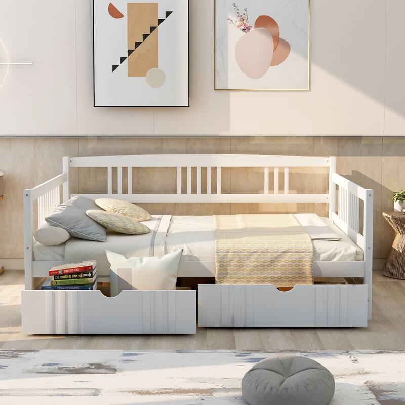 Daybed with Two Drawers, Solid Wood Frame, Guardrails, No Box Spring Needed - White - Full