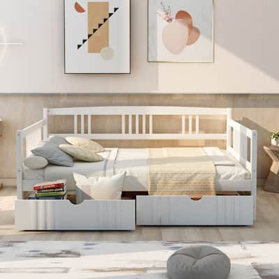 Full Daybed with Two Drawers, Solid Wood Frame, Guardrails, No Box Spring Needed