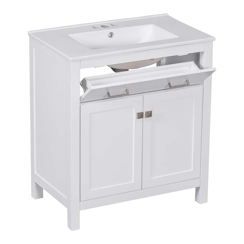 30" Bathroom Vanity with Ceramic Sink, Modern White Single Bathroom Cabinet with 2 Doors and a Shelf, Soft Close Doors