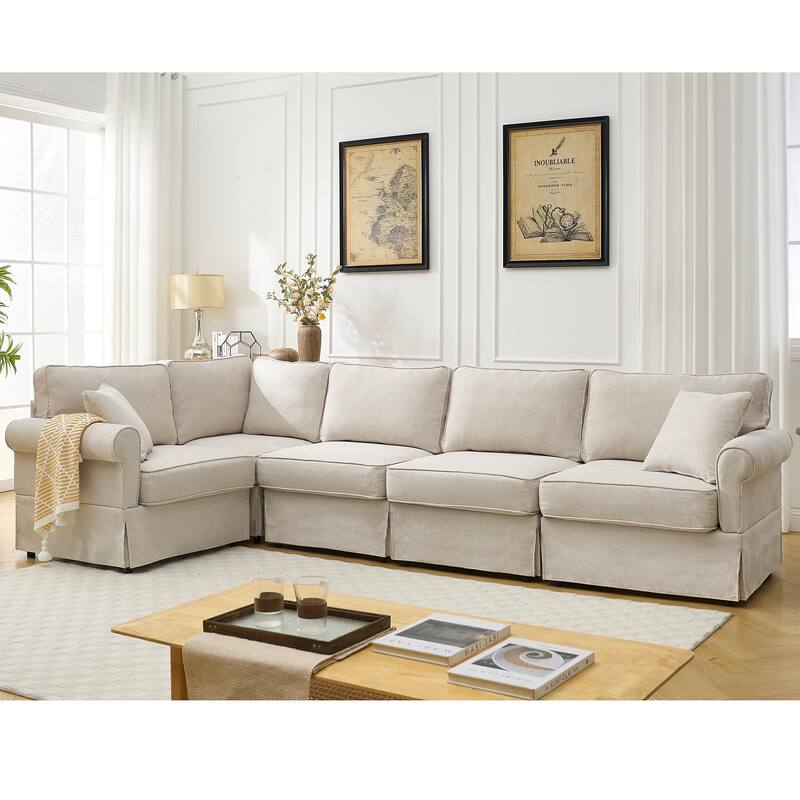 94" Linen L-Shaped Sectional Sofa, 5-Seater