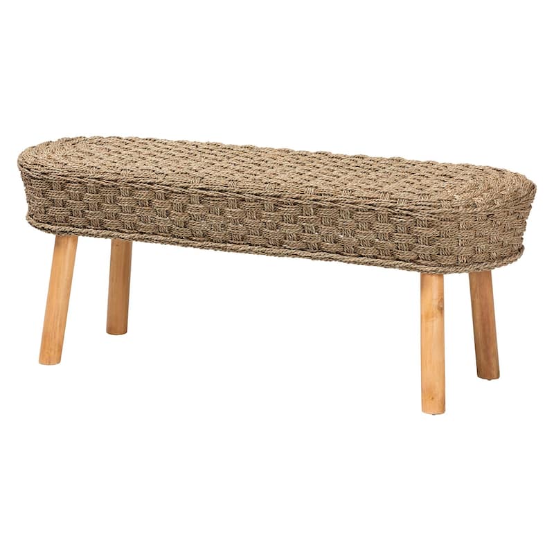 Denver Modern Bohemian Natural Seagrass and Acacia Wood Accent Bench - Single