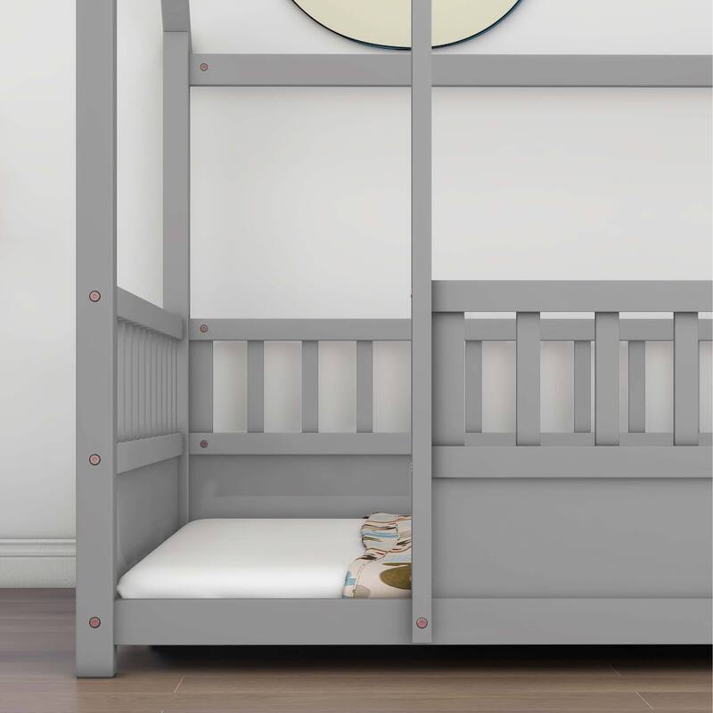 Full Size Floor Wooden Bed with Fence Guardrails
