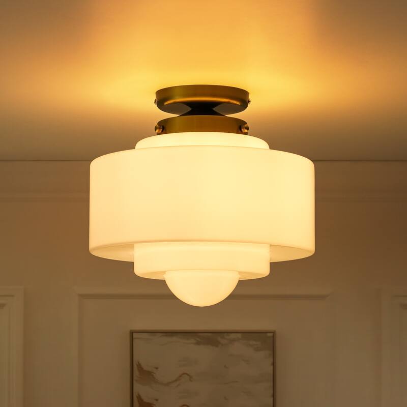 1-Light Mid-Century Modern Gold Cake-Shaped Semi-Flush Mount Ceiling Light with Opal Glass Shade for Bedroom, Kitchen