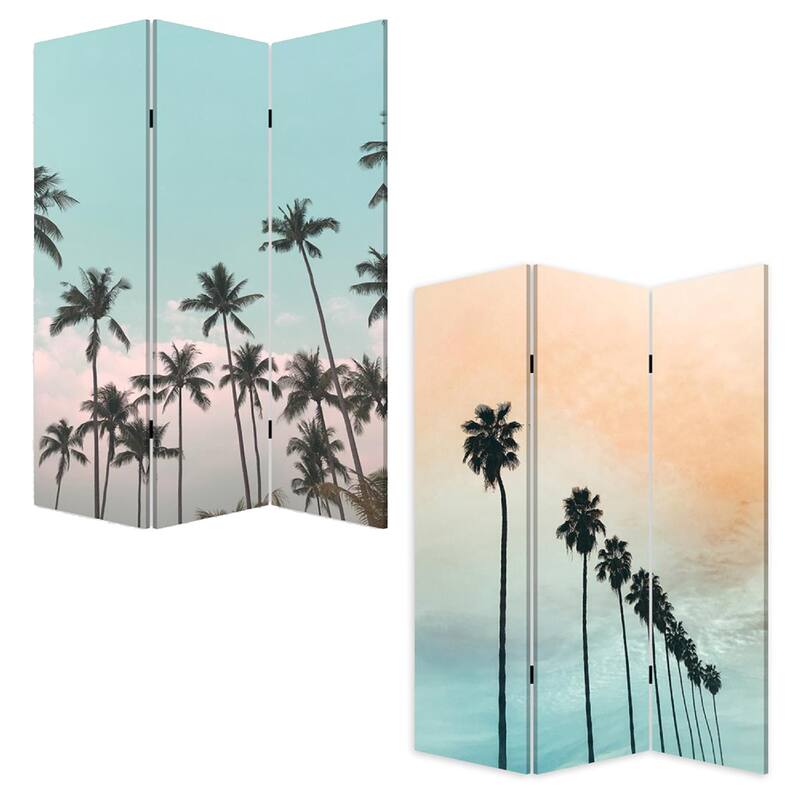 72 Inch 3 Panel Canvas Foldable Room Divider, Blue Sky, Palm Trees, Black